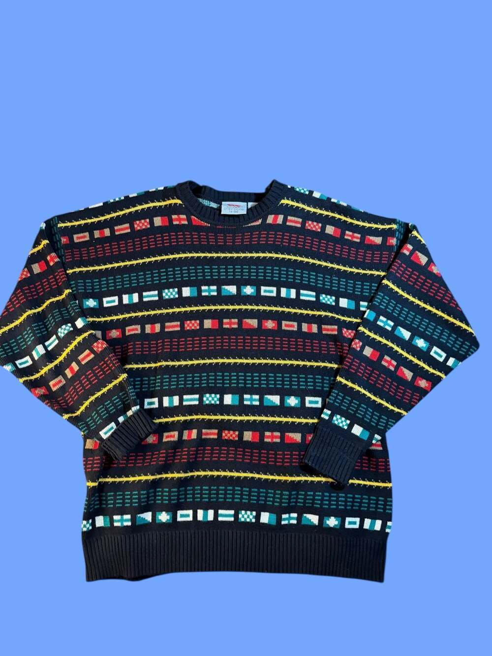 Vintage Canterbury of New Zealand 90s Nautical Flag Knit Sweater 1X Big